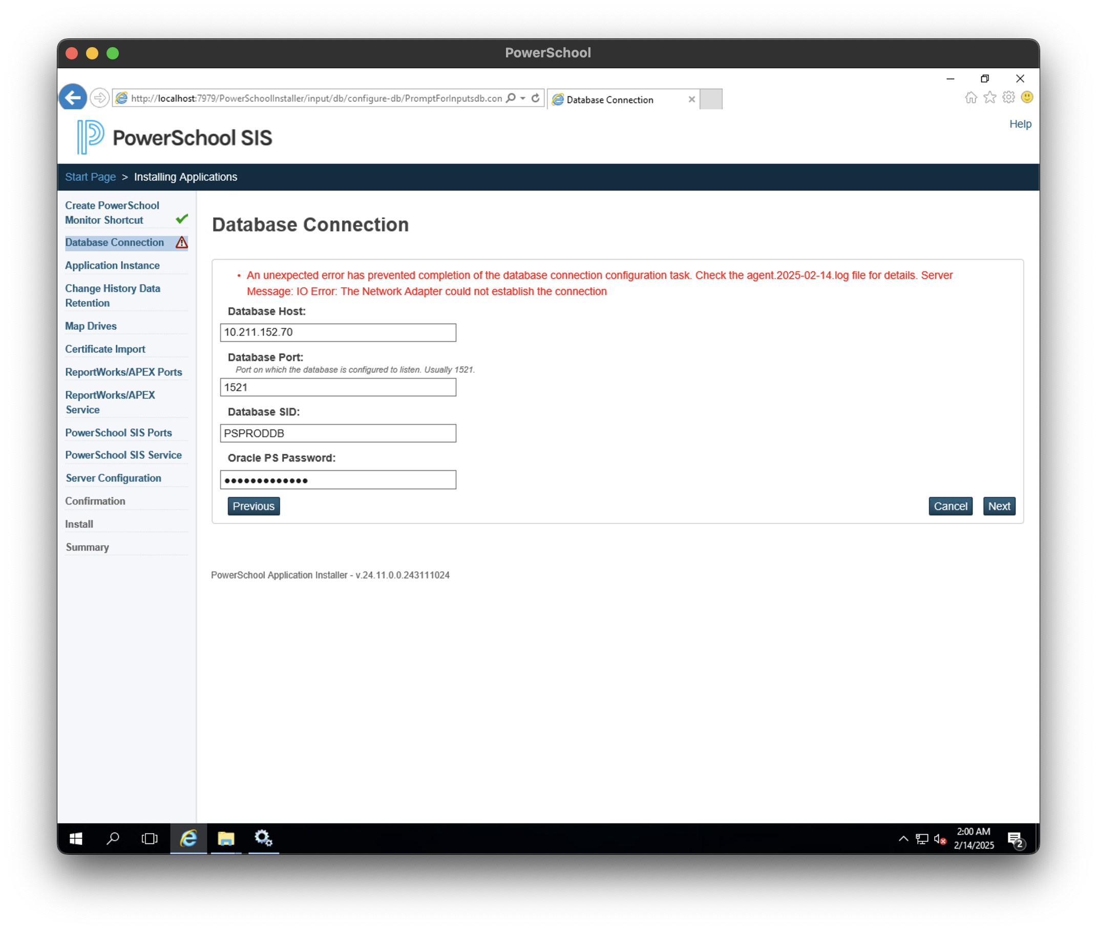 PowerSchool Installation Network IO Error